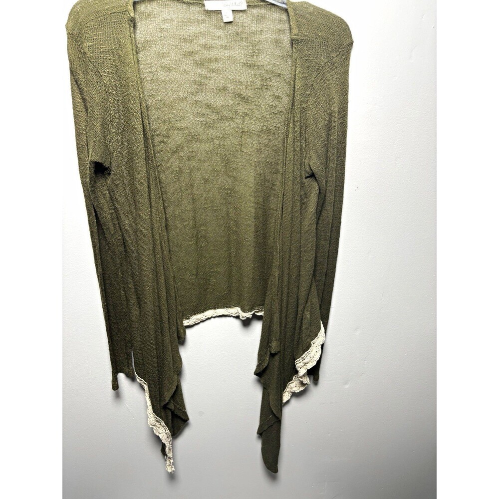 Say What? Women’s XL Green Solid Knit Open Front Lace Trim Cardigan Sweater
